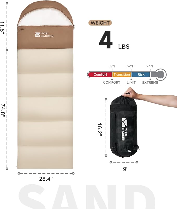 MOBI GARDEN Sleeping Bag for Adults Cold Weather Comfort with Storage Bag Portable Waterproof Compact Lightweight Ideal for Travel Camping &amp Outdoor Adventures