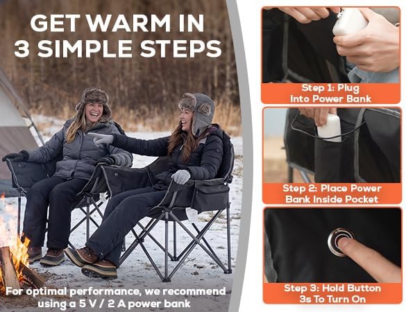 Romswi 2-Pack Heated Oversized Camping Chairs for Adults Heavy Duty 500lbs Folding Chair with 3-Level Heating (Power Bank Not Included) Portable Padded Lawn Chairs with Cup Holder Black&ampGray