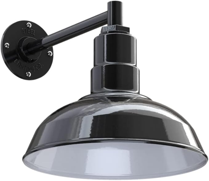 Steel Lighting Co. Westchester Barn Light | Outdoor Wall Mounted | 12 inch Dome | 11 inch Straight Arm| Warehouse Steel Light Made in America | Black Exterior/White Interior