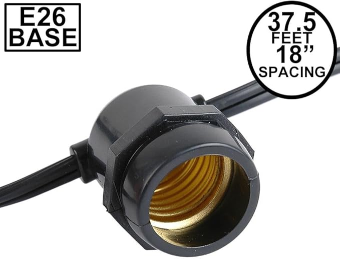 Novelty Lights 37.5 Feet Heavy Duty Light String with 25 in-Line E26 Sockets Black Wire PVC Commercial Grade Stringer 18 Spacing End-to-End Connectable No Bulbs