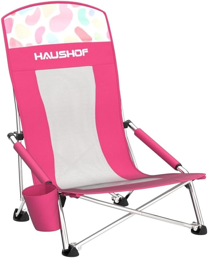 HAUSHOF High Back Beach Chair Mesh Back Folding Chair Lightweight Low Seat Camping Chairs with Cup Holder Carry Bag Padded Armrest for Outdoor Beach Lawn Camping Picnic Festival
