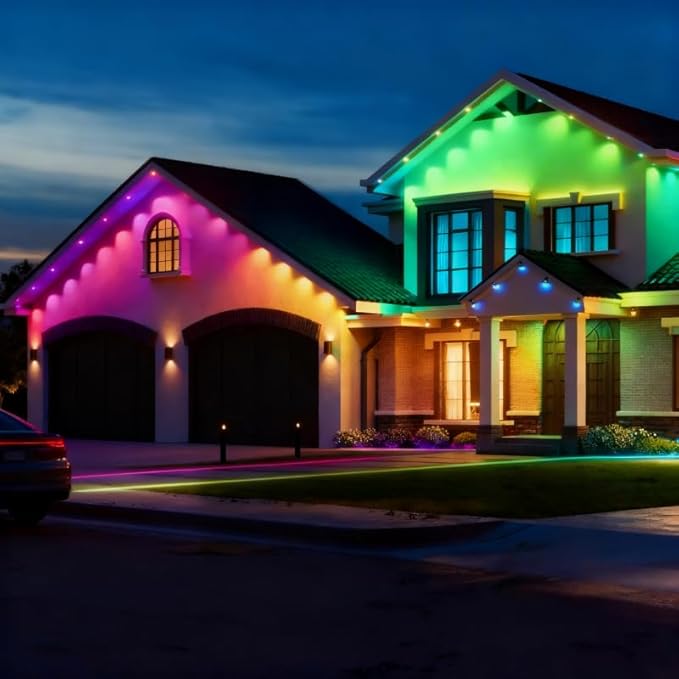 Permanent Outdoor LightsSmart RGB Outdoor Lights with Remote APP Control 100 Ft with 72 LED IP67 Waterproof Outside Light for House for Holiday Party Dailyy(unconnectable)