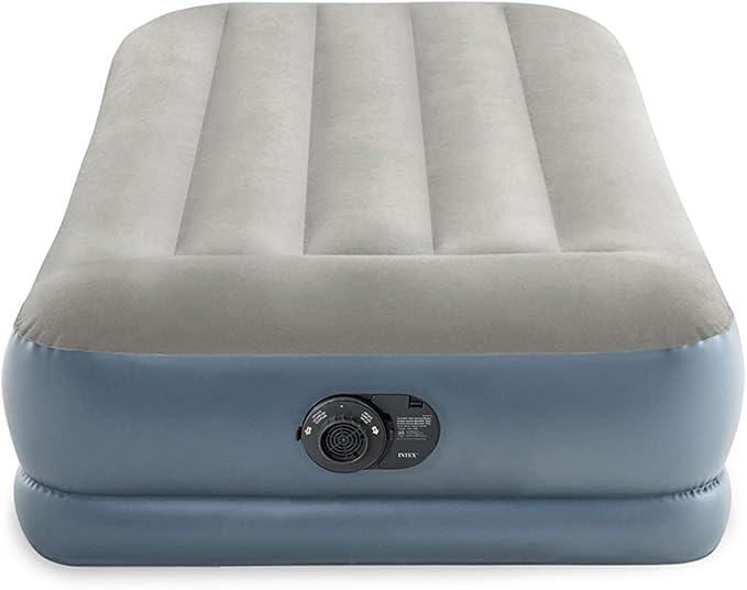 Intex 64115ED Dura-Beam Standard Pillow Rest Air Mattress: Fiber-Tech – Twin Size – Built-in Electric Pump – 12in Bed Height – 300lb Weight Capacity