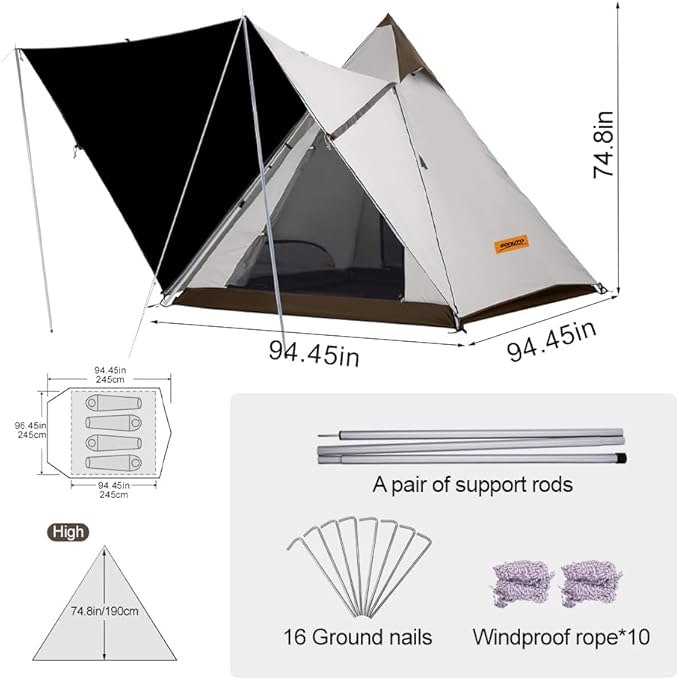 Outdoor Pyramid Dome Camping Tent for 2-6 Person 4 Season Waterproof Windproof Anti-UV Family Outdoor Camping Tent with Carry Bag