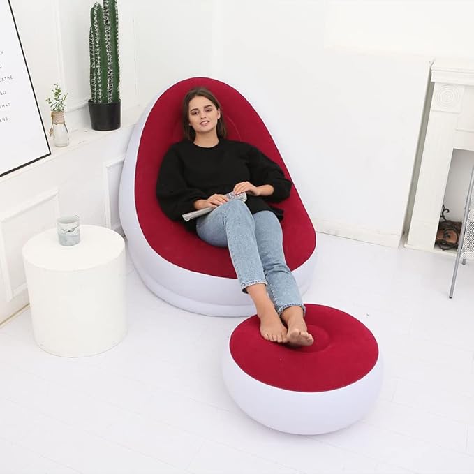 STARBRILLIANT Inflatable Living Room Furniture PVC Chair Indoor Foldable Deck Chaise Lounges with Air Pump Travel Camping Picnic Beach Chair(Red)