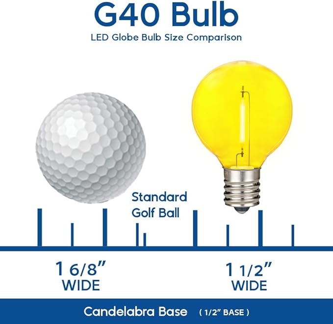Novelty Lights 25 Pack Yellow G40 LED Filament String Light Bulbs E12/C7 Candelabra Base 5 Watt Equivalent Shatterproof Replacement Bulbs for Patios Canopy Lighting