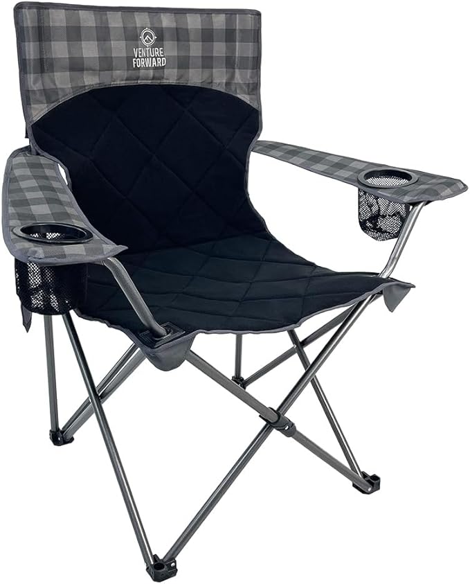 Quilted Quad Camping Chair with Carry Bag – Padded Folding Outdoor Chair with Armrests &amp Built-in Cup Holder for Camping Tailgating RV &amp Outdoor Events