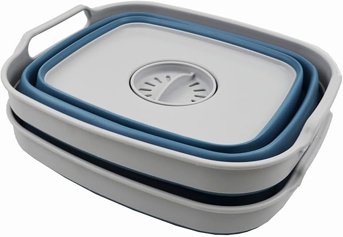 SAMMART 7.5L (2 Gallons) Collapsible Dishpan with Draining Plug - Foldable Washing Basin - Portable Dish Washing Tub - Space Saving y (Grey/Steel Blue (Set of 2) 2)