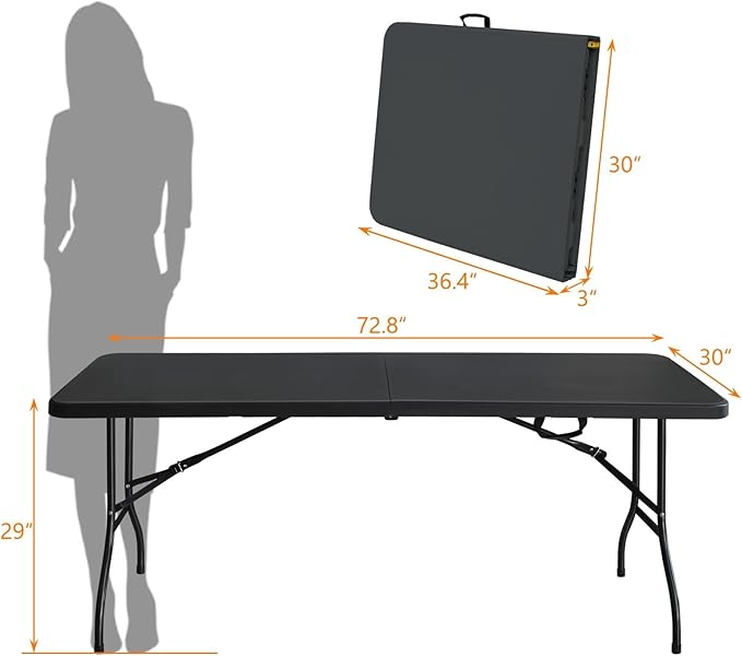 6ft Folding Table Portable Plastic Table for Camping Picnics Parties High Load Bearing Foldable Table Black