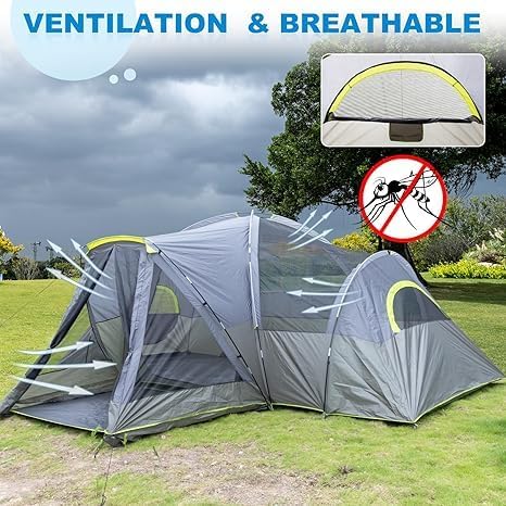 Generic 10 Person Large Tent 3 Rooms Large Camping Tent for Family Weatherproof Instant Cabin Shelter with Rainfly &amp Carry Bag for Backpacking Hiking Car Traveling Gray