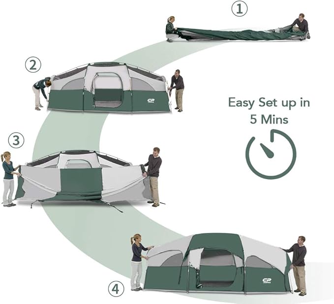 CAMPROS CP Tent 8 Person Camping Tents Weather Resistant Family Tent 5 Large Mesh Windows Double Layer Divided Curtain for Separated Room Portable with Carry Bag