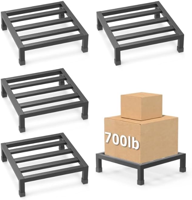 4 Pack Dunnage Rack 13.8'' x 13.8'' x 3.9'' 1000+ Pound Capacity Assembly-Free Metal Pallet Rack Off-The-Ground Storage Rack in Restaurant Kitchens and Garages and More