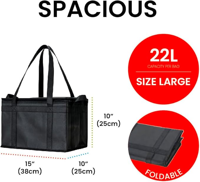 NZ home Insulated Bags for Food Delivery (Large) Grocery Shopping Cooler Bag Pizza Delivery Hot &amp Cold Catering Tote Reusable Foldable &amp Heavy Duty (2 Pack Black)