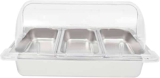 3-Compartment Stainless Steel Food Display Server with Clear Roll-Top Lid &amp Buckles Countertop Buffet Pan for Restaurant Hotel Kitchen Party 2.38 Gal