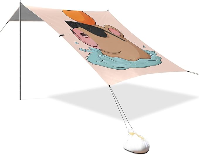 Capybara with Orange Sunglasses Camping Sun Shelter Beach Tent Portable Beach Sun Shade Outdoor Canopy for Camping Trips Fishing Picnic