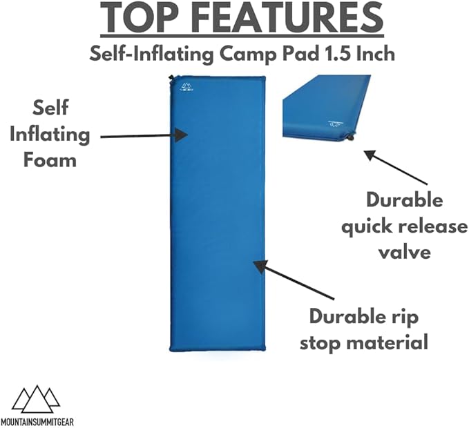 MOUNTAIN SUMMIT GEAR Self-Inflating Camp Pad - 1.5 Inches Thick (Air Mattress Camping Accessory Made by Caddis Sports)
