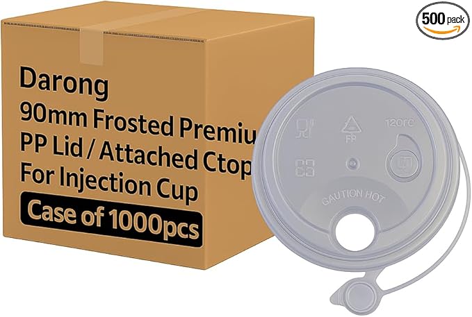 Darong 1000 PCS Frosted Premium 90mm PP Plastic Cup Lids with Attached Stopper Flat Lid for 16oz–32oz Injection PP Cups Recyclable Disposable Drink Cup Lids – Case of 1000