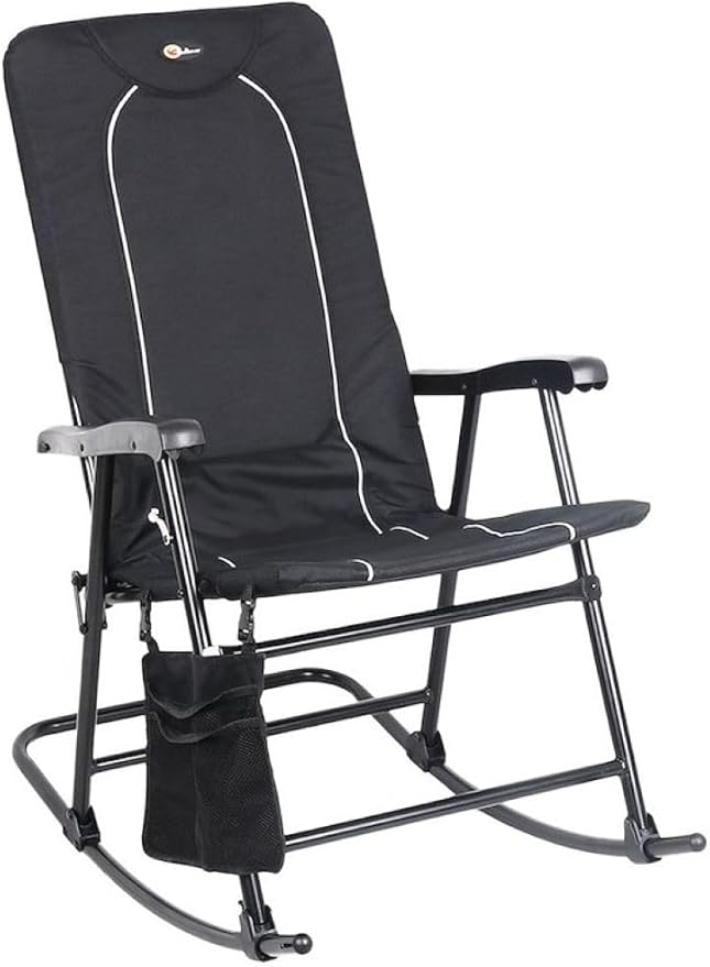 Faulkner Dakota Folding Rocking Chair Black Padded Seat and Backrest Lightweight Steel Frame Side Pouch 300 lb Capacity Foldable Outdoor Camping and Patio Chair