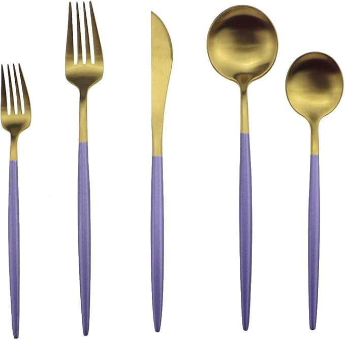 Gugrida Royal 20 Piece Matte Purple Handle 18/10 Stainless Steel Tableware Sets for 4 Including Forks Spoons Knives Camping Silverware Travel Utensils Set Cutlery