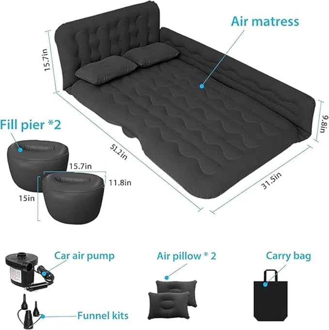 Air Mattress Bed for car Car Air Mattress with Inflation Pump 2 Inflatable Pillows and 2 Footrests for Back Seat Side Seat Trunk Sleeping Thickened Camping Bed - Black