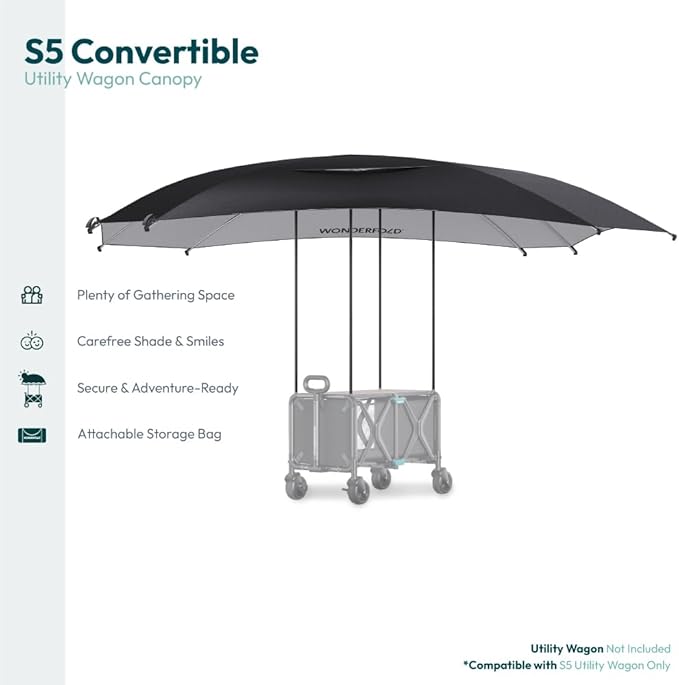 WONDERFOLD Sun Shade Canopy for S5 Convertible Utility Wagon - Large Umbrella with Sturdy Attachment &amp Plenty of Shade Around Your Utility Cart Black