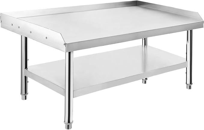 Stainless Steel Equipment Grill Stand Table | 48x30x24 | 1000 Lbs Top Shelf Capacity 220 Lbs Bottom Shelf | Adjustable Legs with 2 Edge Baffle | for Hotels Homes Commercial Kitchens