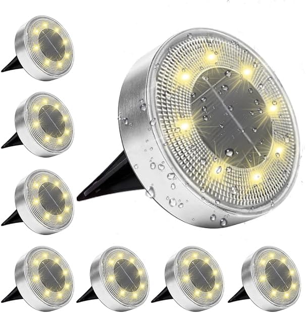 Siatom Stainless Steel Solar Ground Lights 8 Pack IP68 Waterproof Solar In-Ground Light for Outdoor Flat Landscape Lighting Garden Disc Light for Pathway Walkway and Yard - 8 Pcs (Warm White)