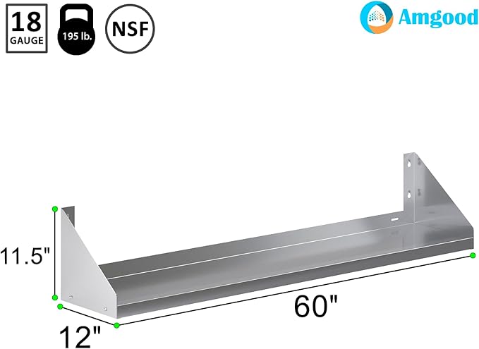 AmGood Stainless Steel Wall Shelf with Side Guards (60 Long x 12 Deep)