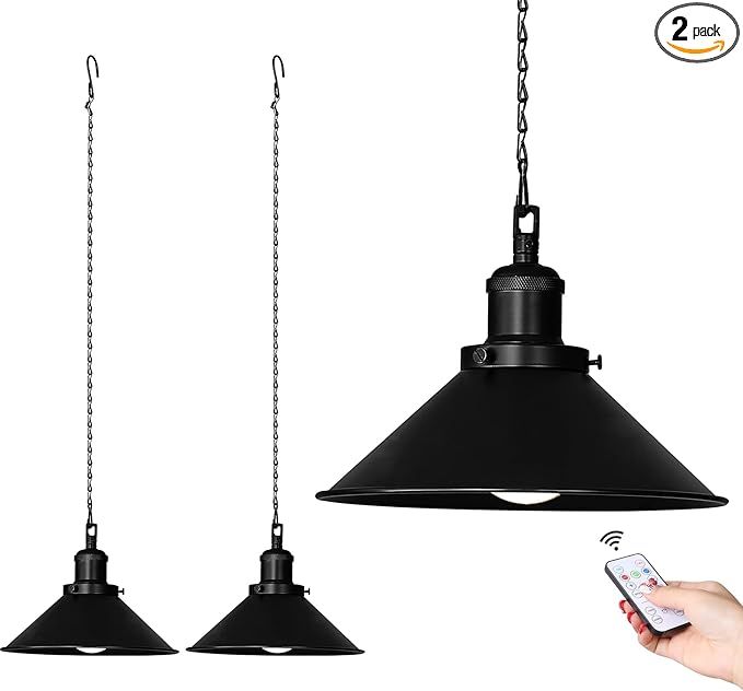 2 Pack Black Portable Battery Operated Hanging Lights Rechargeable Wireless Outdoor Pendant Light with Remote Battery Powered Chandelier Lantern Fixture for Indoor Outdoor Gazebo Porch Patio