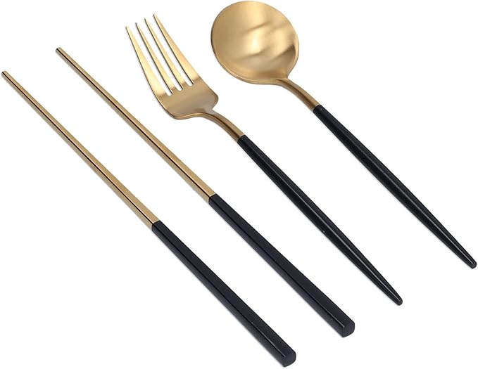3Pcs Portable Travel Utensils Set Stainless Steel Spoon Fork Chopsticks Dishwasher Safe Cutlery with Anti Shake Groove Compact Kitchen Flatware for School Camping Office (Black gold (black storage