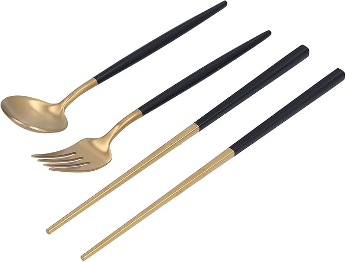 3Pcs Portable Travel Utensils Set Stainless Steel Spoon Fork Chopsticks Dishwasher Safe Cutlery with Anti Shake Groove Compact Kitchen Flatware for School Camping Office (Black gold (black storage
