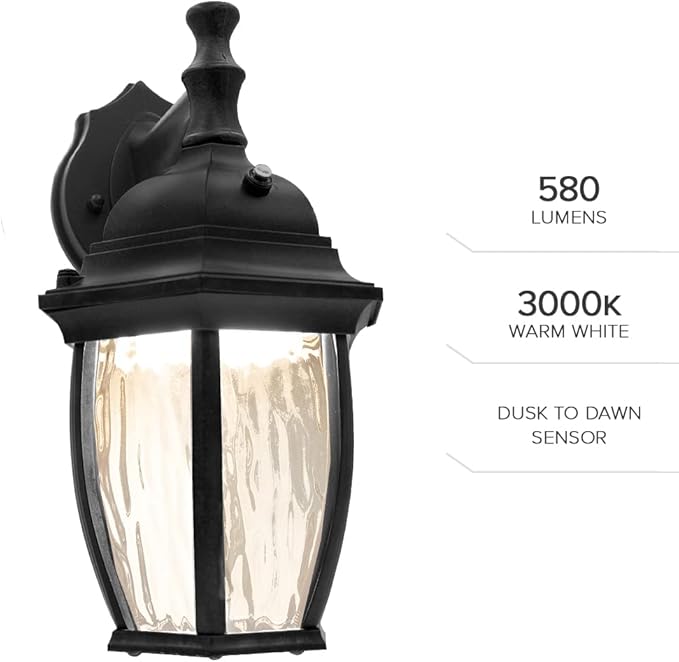 Maxxima LED Outdoor Wall Light - Features Clear Water Glass 3000K Warm White 580 Lumens Dusk to Dawn Photocell Light Sensor Patio or Porch Sconce Fixture Ideal for Exterior Decor Lighting - Black