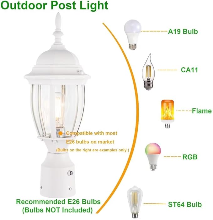 LIT-PaTH Dusk to Dawn Outdoor Post Lighting Fixture Pole Lantern E26 Medium Base Max 60W Aluminum Housing Plus Glass Bulb Not Included (White 2-Pack)
