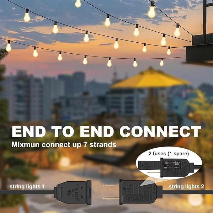 75FT Outdoor String Lights Waterproof with 50+4 Bulbs (1.5FT Bulbs Spacing) Remote &amp Dimmer Commercial Patio String Lights with 3 Mode Light &amp Timing 100PC Mounting Ties for Outside