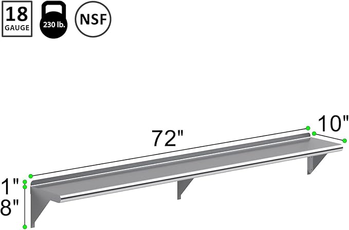 KPS 10 x 72 Stainless Steel Wall Shelf – NSF Certified Commercial Kitchen Storage Rack