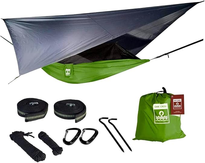 Oak Creek Camping Hammock and Accessories. Complete Package with Mosquito Bug Net Rain Fly Tree Straps. Great for Hiking Backpacking and Travel. Weighs Only 4 Pounds.