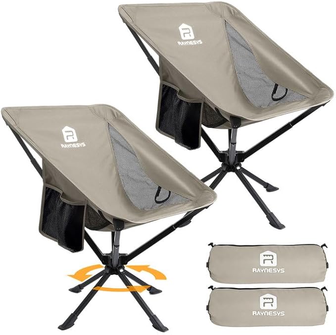Portable Camping Chair 2 Pack 8 Seconds Quick Setup Folding Camping Chair Flexible 360° Rotation 3.8Lb Lightweight Travel Chairs for Easy Carry to Hiking Sporting Beach Khaki