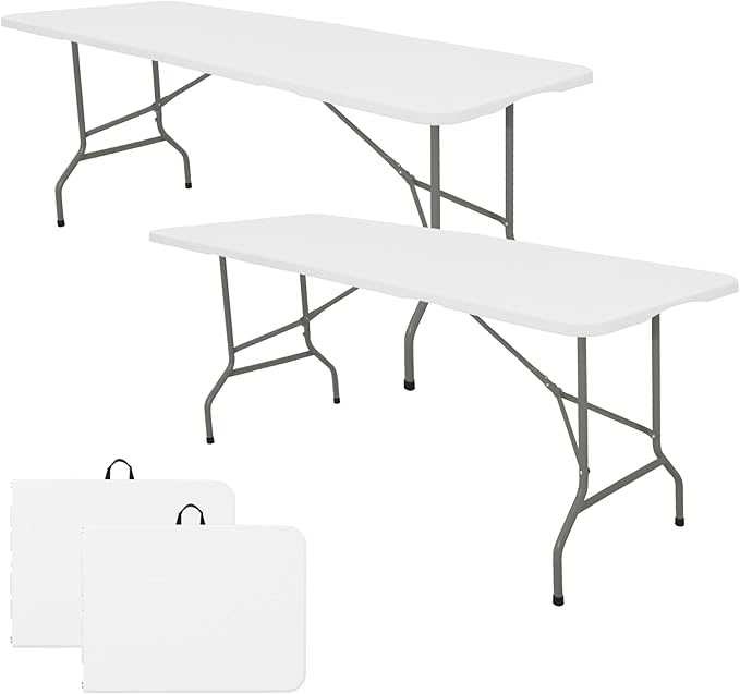 Set of 2 Folding Table 6 FT Lightweight Camping Table Portable Plastic Rectangular Outdoor Dining Table Steel Legs Fold-in-Half with Carrying Handle for IndoorPicnicPartyWeddingEvents(White)
