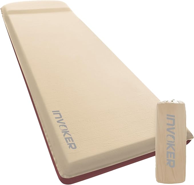 INVOKER 3.15 Self-Inflating Camping Sleeping Pad Ultra-Thick Foam Fast Inflating Camping Mat Air Mattress with Pillow 4-Season Insulated for Tent Car Camping Travel Khaki with Pink-Orange