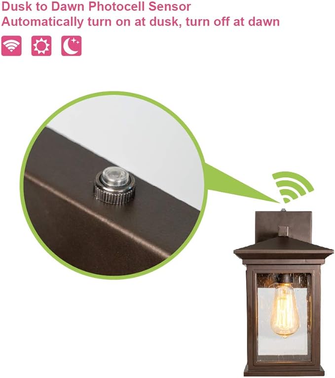 Dusk to Dawn Outdoor Wall Lantern Exterior Wall Sconce Fixture with Tempered Clear Seeded Glass Oil Rubbed Bronze (ORB) Finish for Outdoors (Medium Wall Mount - 2 Pack)