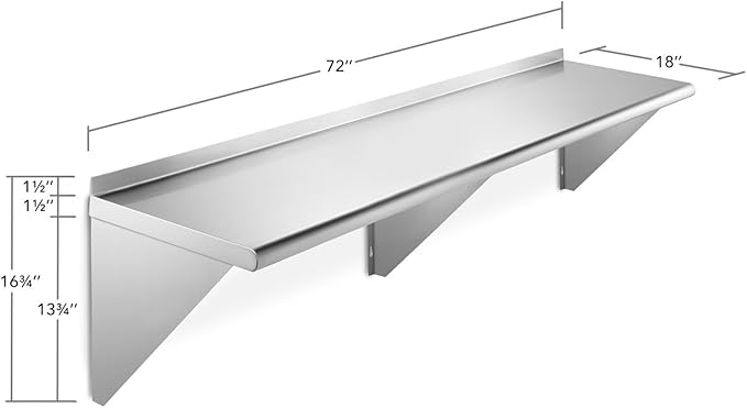 18 x 72 Stainless Steel Wall Mount Shelf with Backsplash Commercial Grade -18 Gauge Shelving for Restaurant Kitchen Utility Room Garage