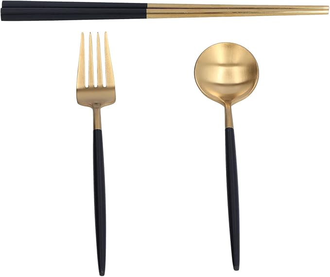 3Pcs Portable Travel Utensils Set Stainless Steel Spoon Fork Chopsticks Dishwasher Safe Cutlery with Anti Shake Groove Storage Box for School Work Outdoor Use (Black gold (black storage box))