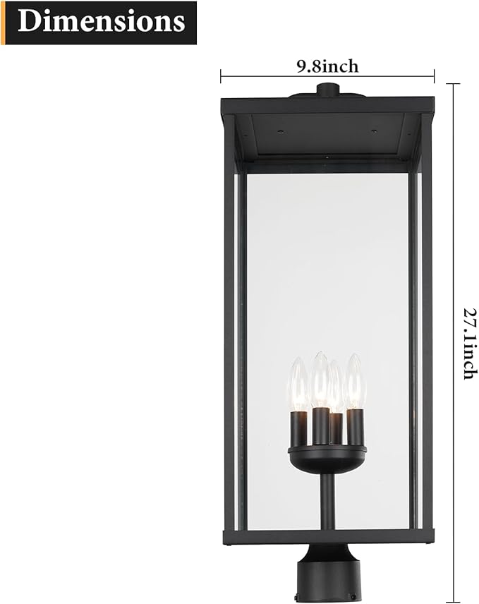Outdoor Post Light Fixture Modern Exterior Square Pillar Lantern with Black Finish &amp Clear Glass Transitional Pier Mount Lamp Pole Light for Garden Backyard Patio Pathway RZ008XL-P