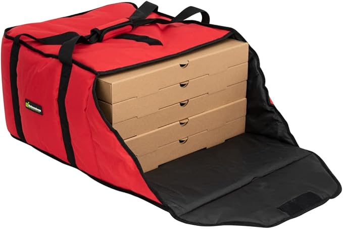 Delivery Tek 16.5 x 18 x 6.5 Inch Insulated Pizza Bag 1 Durable Delivery Bag - Holds (2) 16 or (3) 14 Pizza Boxes Red Polyester Cater Bag Extra-Large Flap Machine Washable