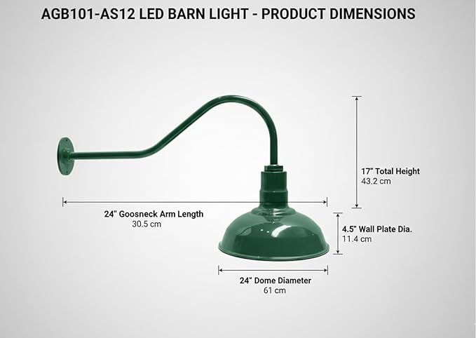 AGB101-AS12 15W LED - 12 Barn Light with Gooseneck Arm | Outdoor LED Lights Classic Floodlight Design for Barn Lights Outdoor Durable Metal Construction Energy-Efficient