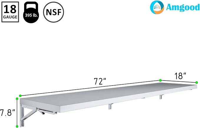 AmGood Stainless Steel Folding Wall Shelf 18 in. x 72 in. | NSF | Concession Stand Food Truck Kitchen Restaurant Garage Laundry Utility Room