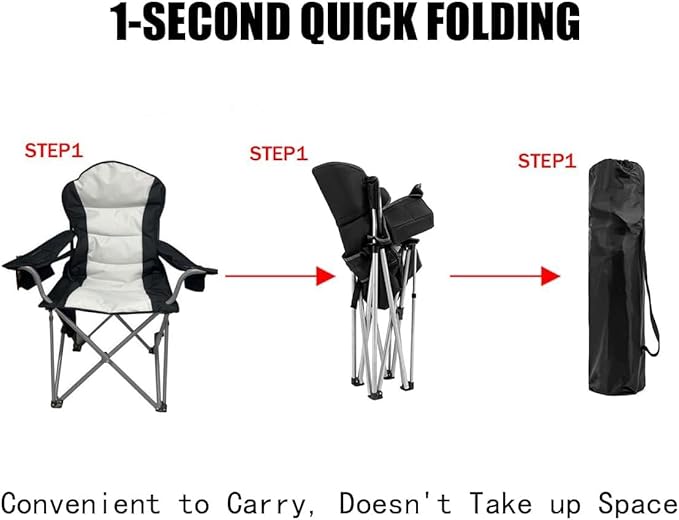 Wild Scape Oversized Folding Camping Chair for Adults Foldable Beach Chairs with Cup Holder Cooler Pocket Storage Bag Heavy Duty Portable Fishing Chair for Outdoor Garden Picnic Grey &amp Blac