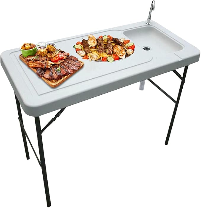 46” Fish Cleaning Table with Sink Portable Camping Table with Faucet &amp Drainage Hose Outdoor Fillet Station for Camp Picnic Garden Fishing White