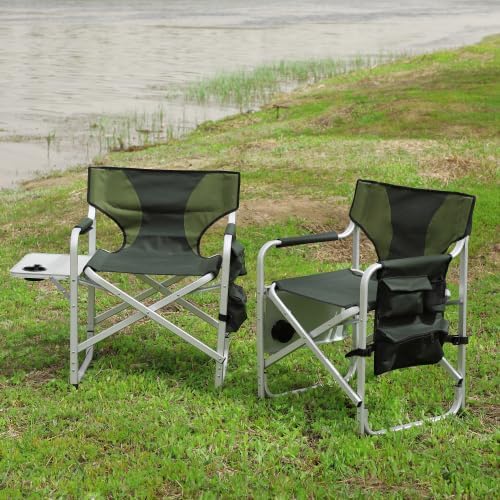 2-Piece Padded Folding Outdoor Chair with Side Table and Storage PocketsLightweight Oversized Directors Chair for Indoor Outdoor Camping Picnics and FishingGreen