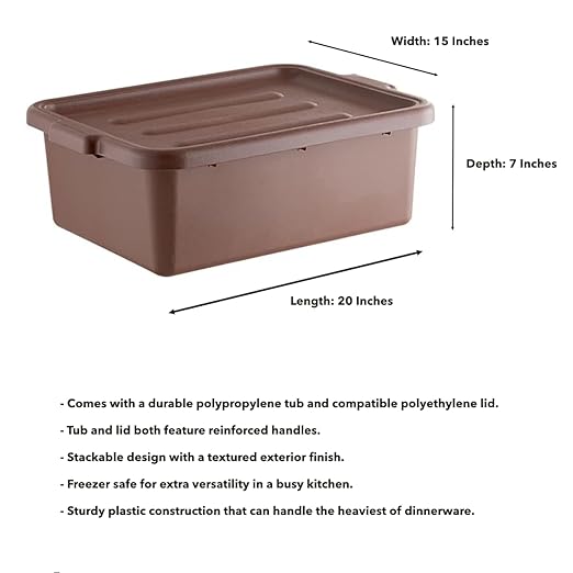 12-Pack Polypropylene Bus Tub with Cover Durable Bus Box for Professional Food Service Use Plastic Restaurant Tub Commercial Tote Box for Food Service or Transporting (20 x 15 x 7) Brown